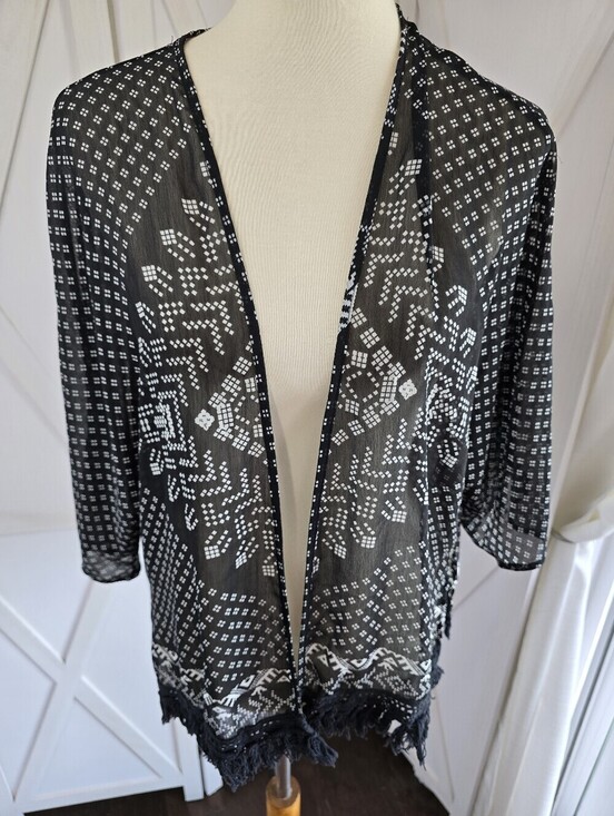 Xhilaration Other - Xhilaration Black and White Patterned Sheer Kimono With Black Fringe Trim